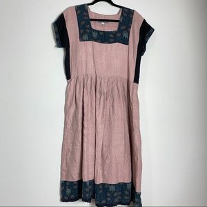 Ponica NYC Tulip Print Trim Fit Flare Lagenlook Linen Blend Dress